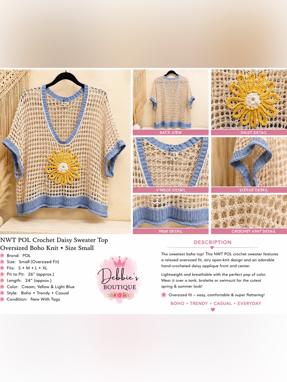 NEW POL Oversized Crochet Daisy Sweater Top Boho Beachy Open Knit Size Small - Picture 2 of 4